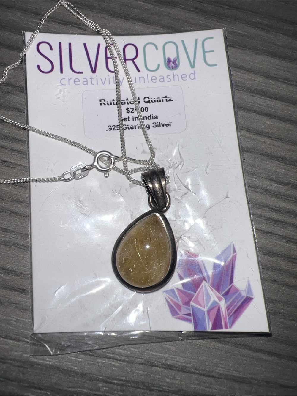 Yellow Rutilated Quartz Teardrop Necklace in Sterling Silver